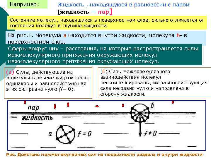 Например: Жидкость , находящуюся в равновесии с паром [жидкость — пар] Состояние молекул, находящихся