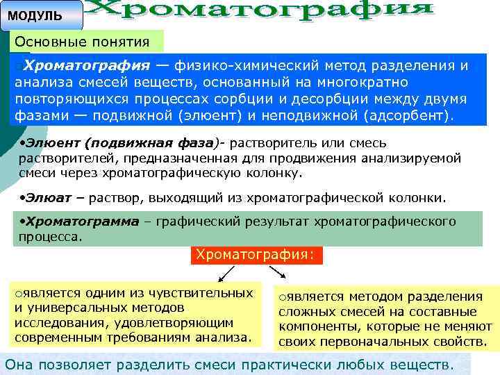 МОДУЛЬ Основные понятия q. Хроматография — физико-химический метод разделения и анализа смесей веществ, основанный