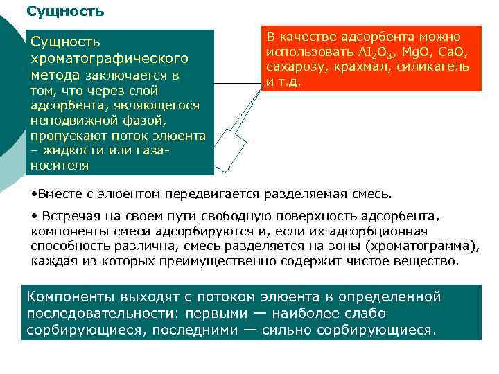 Сущность хроматографического метода заключается в том, что через слой адсорбента, являющегося неподвижной фазой, пропускают