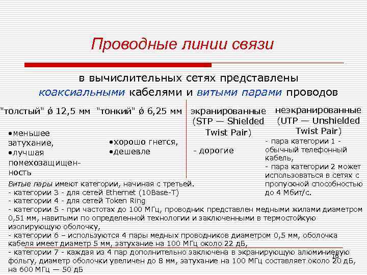 Проводные линии связи в вычислительных сетях представлены коаксиальными кабелями и витыми парами проводов 
