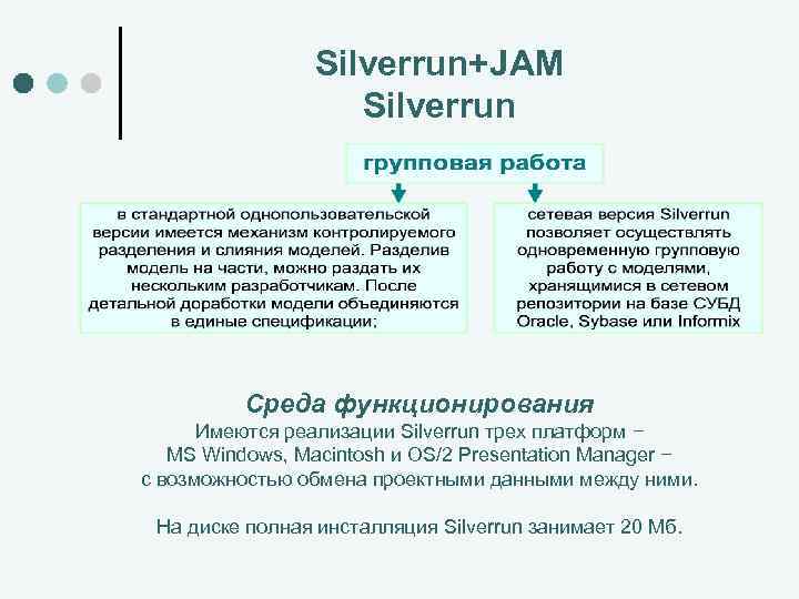 Silverrun+JAM Silverrun Среда функционирования Имеются реализации Silverrun трех платформ − MS Windows, Macintosh и