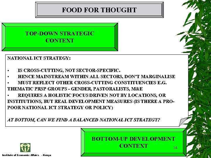 FOOD FOR THOUGHT TOP-DOWN STRATEGIC CONTEXT NATIONAL ICT STRATEGY: • IS CROSS-CUTTING, NOT SECTOR-SPECIFIC.