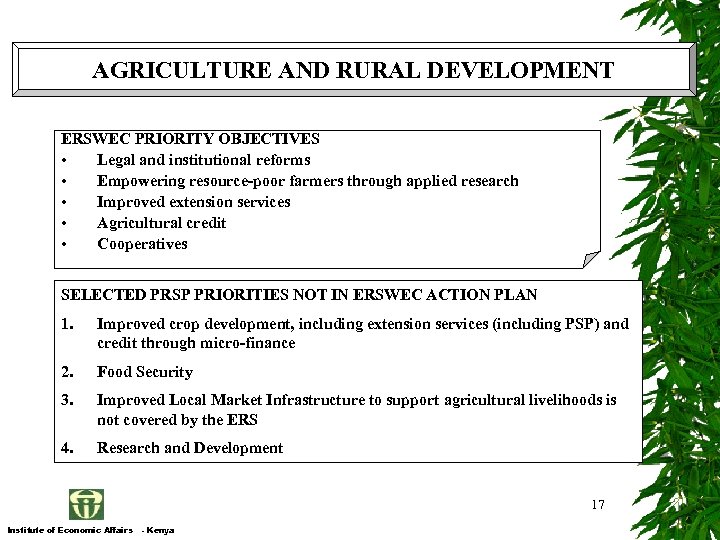 AGRICULTURE AND RURAL DEVELOPMENT ERSWEC PRIORITY OBJECTIVES • Legal and institutional reforms • Empowering