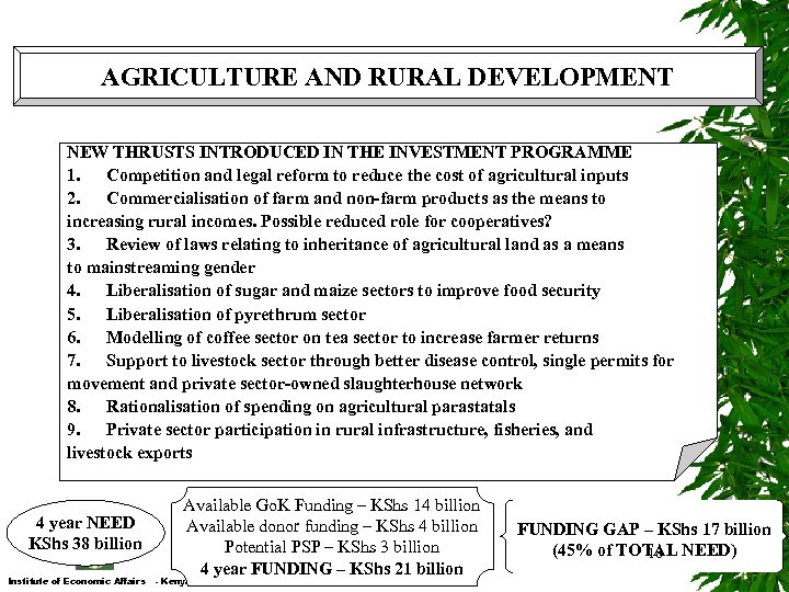 AGRICULTURE AND RURAL DEVELOPMENT NEW THRUSTS INTRODUCED IN THE INVESTMENT PROGRAMME 1. Competition and