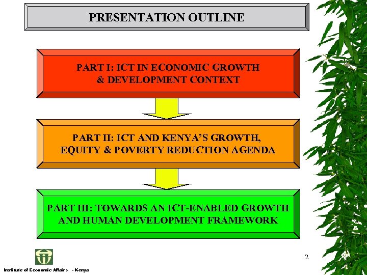 PRESENTATION OUTLINE PART I: ICT IN ECONOMIC GROWTH & DEVELOPMENT CONTEXT PART II: ICT