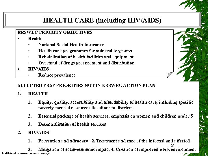 HEALTH CARE (including HIV/AIDS) ERSWEC PRIORITY OBJECTIVES • Health • National Social Health Insurance