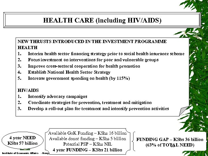 HEALTH CARE (including HIV/AIDS) NEW THRUSTS INTRODUCED IN THE INVESTMENT PROGRAMME HEALTH 1. Interim