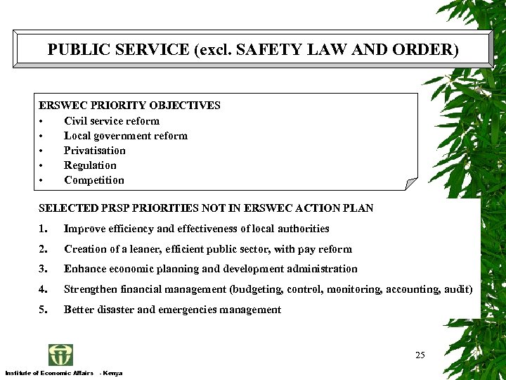 PUBLIC SERVICE (excl. SAFETY LAW AND ORDER) ERSWEC PRIORITY OBJECTIVES • Civil service reform