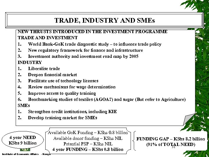 TRADE, INDUSTRY AND SMEs NEW THRUSTS INTRODUCED IN THE INVESTMENT PROGRAMME TRADE AND INVESTMENT