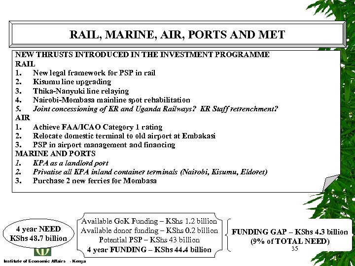 RAIL, MARINE, AIR, PORTS AND MET NEW THRUSTS INTRODUCED IN THE INVESTMENT PROGRAMME RAIL
