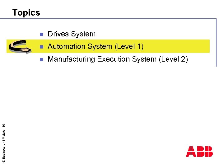 Topics Drives System n Automation System (Level 1) n © Business Unit Metals -