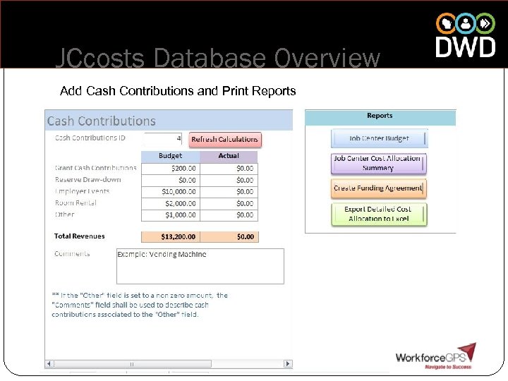 JCcosts Database Overview Add Cash Contributions and Print Reports 