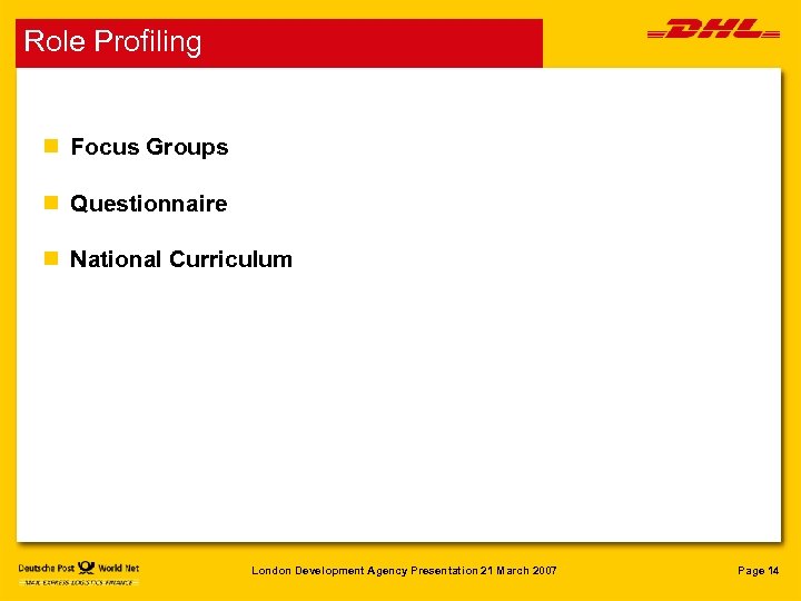 Role Profiling n Focus Groups n Questionnaire n National Curriculum London Development Agency Presentation