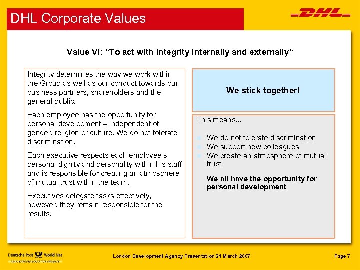 DHL Corporate Values Value VI: “To act with integrity internally and externally“ Integrity determines