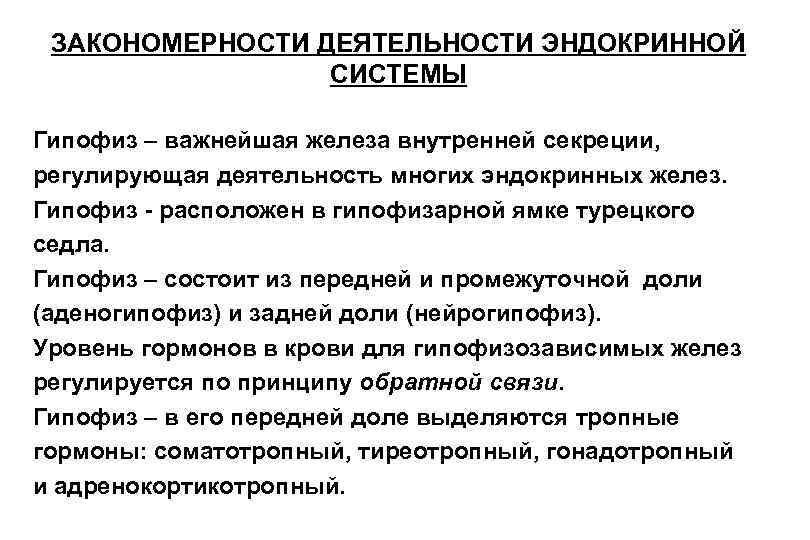 ЗАКОНОМЕРНОСТИ ДЕЯТЕЛЬНОСТИ ЭНДОКРИННОЙ СИСТЕМЫ Гипофиз – важнейшая железа внутренней секреции, регулирующая деятельность многих эндокринных