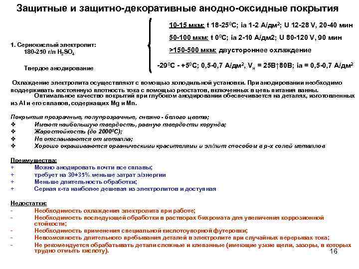 Защитные и защитно-декоративные анодно-оксидные покрытия 10 -15 мкм: t 18 -250 С; iа 1