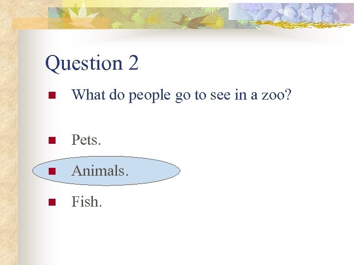 Question 2 n What do people go to see in a zoo? n Pets.