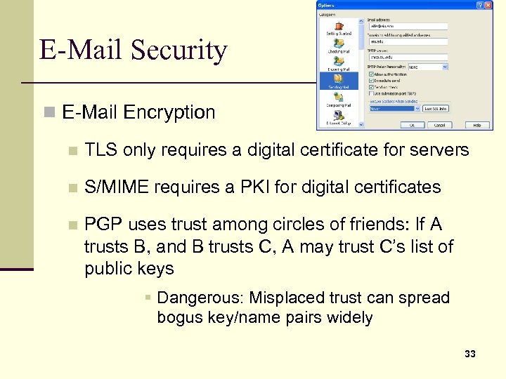 E-Mail Security n E-Mail Encryption n TLS only requires a digital certificate for servers