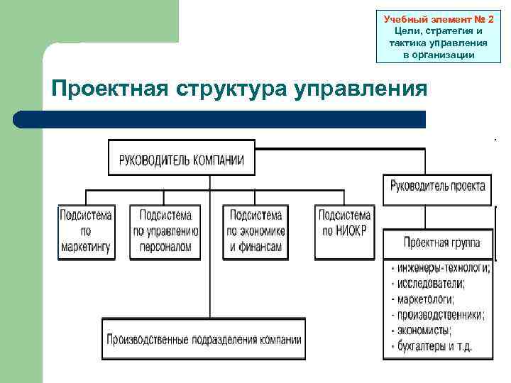 Учебный элемент № 2 Цели, стратегия и тактика управления в организации Проектная структура управления