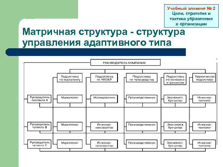 Учебный элемент № 2 Цели, стратегия и тактика управления в организации Матричная структура -
