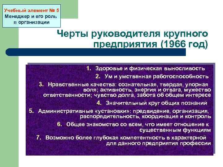 Учебный элемент № 5 Менеджер и его роль в организации Черты руководителя крупного предприятия