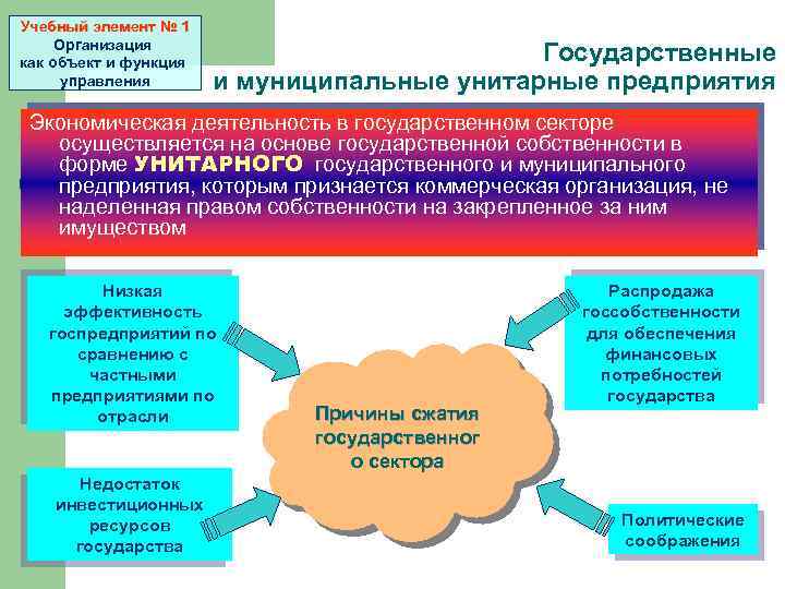 Учебный элемент № 1 Организация как объект и функция управления Государственные и муниципальные унитарные