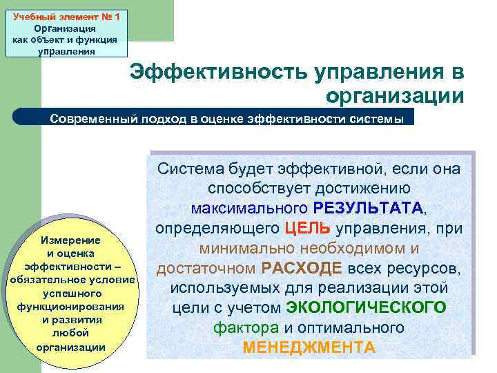 Учебный элемент № 1 Организация как объект и функция управления Эффективность управления в организации