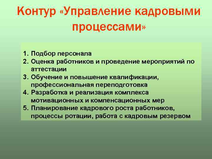 Контур «Управление кадровыми процессами» 1. Подбор персонала 2. Оценка работников и проведение мероприятий по