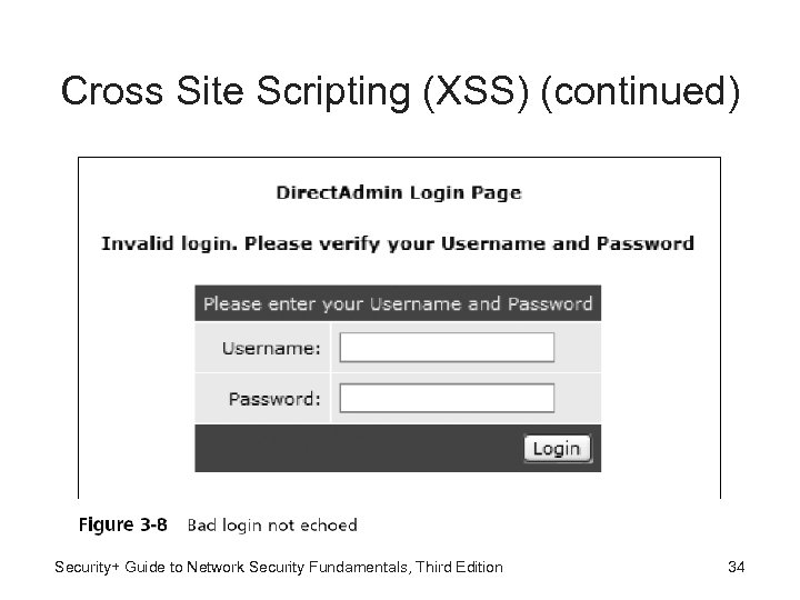Cross Site Scripting (XSS) (continued) Security+ Guide to Network Security Fundamentals, Third Edition 34