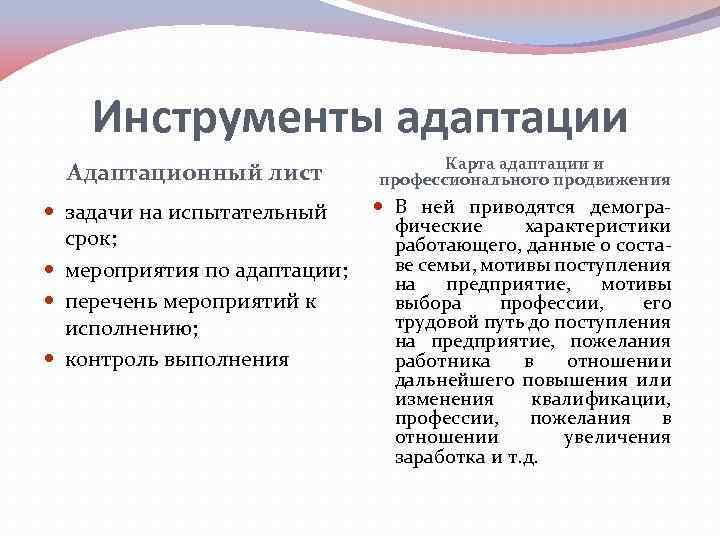 Инструменты адаптации Адаптационный лист Карта адаптации и профессионального продвижения задачи на испытательный срок; мероприятия
