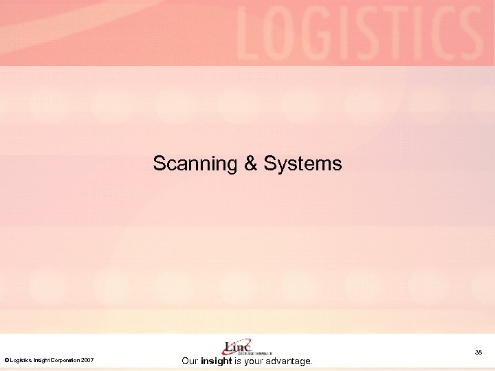 Scanning & Systems © Logistics Insight Corporation 2007 Our insight is your advantage. 38