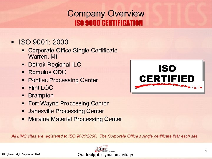 Company Overview ISO 9000 CERTIFICATION § ISO 9001: 2000 § Corporate Office Single Certificate