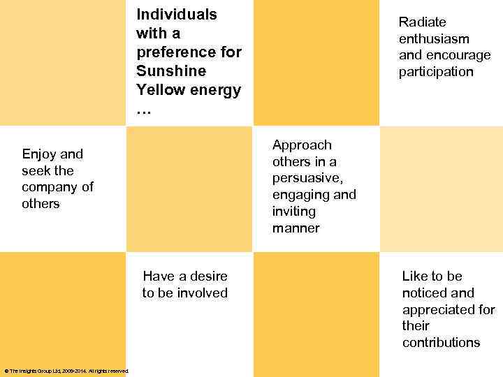 Individuals with a preference for Sunshine Yellow energy … Approach others in a persuasive,