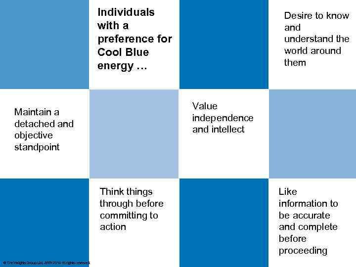 Individuals with a preference for Cool Blue energy … Value independence and intellect Maintain