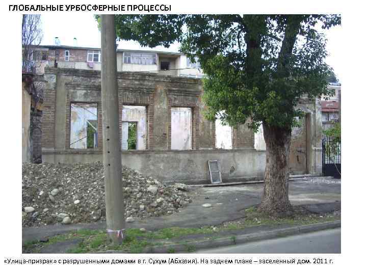 ГЛОБАЛЬНЫЕ УРБОСФЕРНЫЕ ПРОЦЕССЫ «Улица-призрак» с разрушенными домами в г. Сухум (Абхазия). На заднем плане