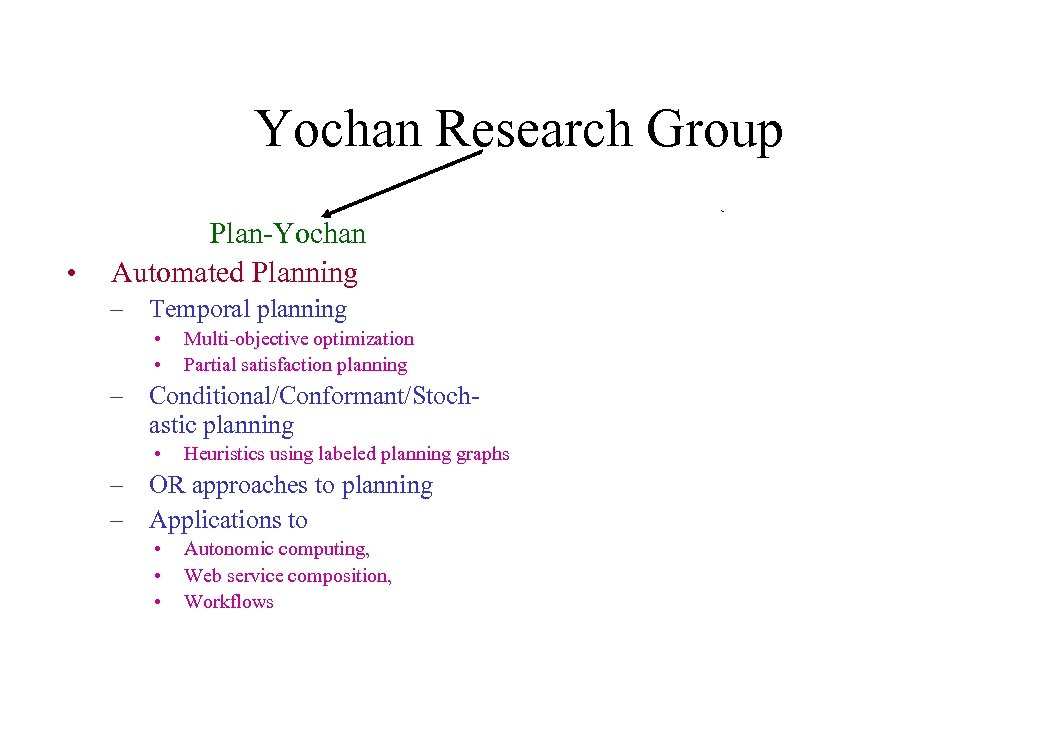 Yochan Research Group • Plan-Yochan Automated Planning – Temporal planning • • Multi-objective optimization