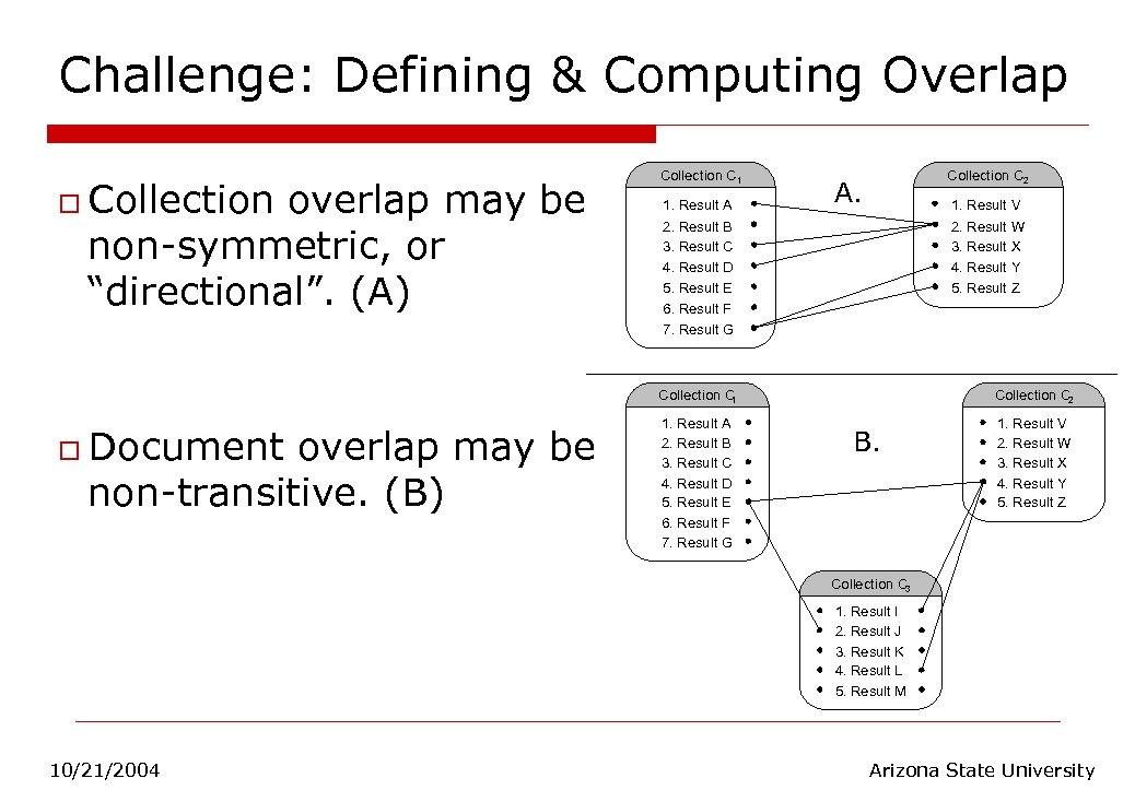 Challenge: Defining & Computing Overlap o Collection overlap may be non-symmetric, or “directional”. (A)