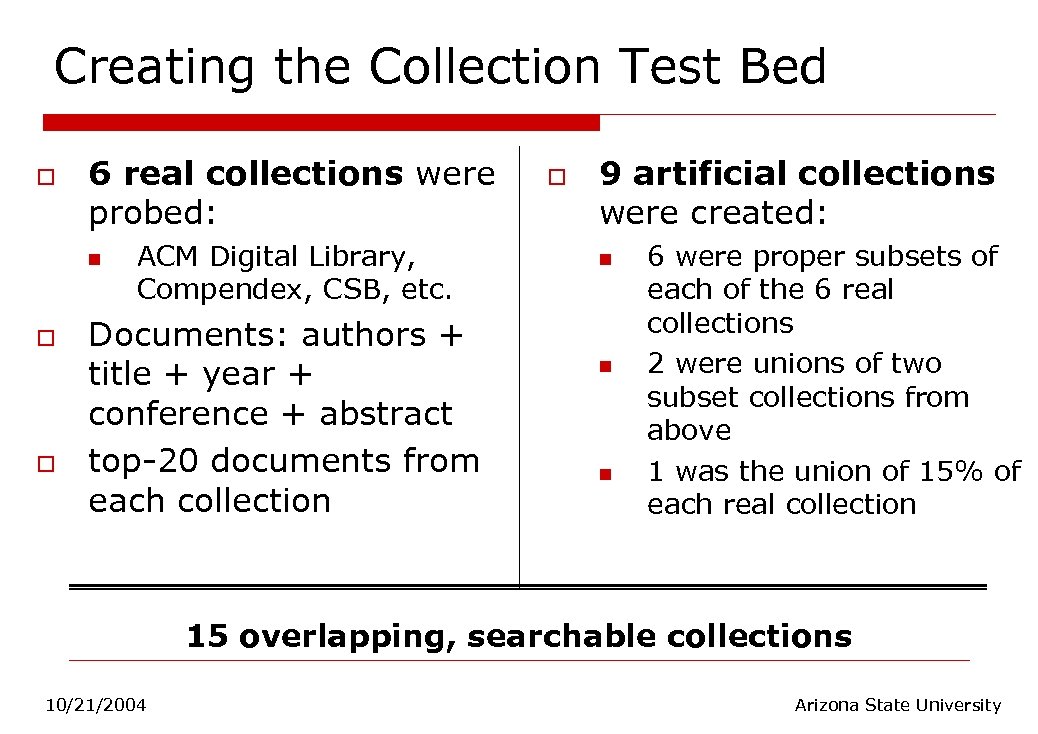 Creating the Collection Test Bed o 6 real collections were probed: n o o