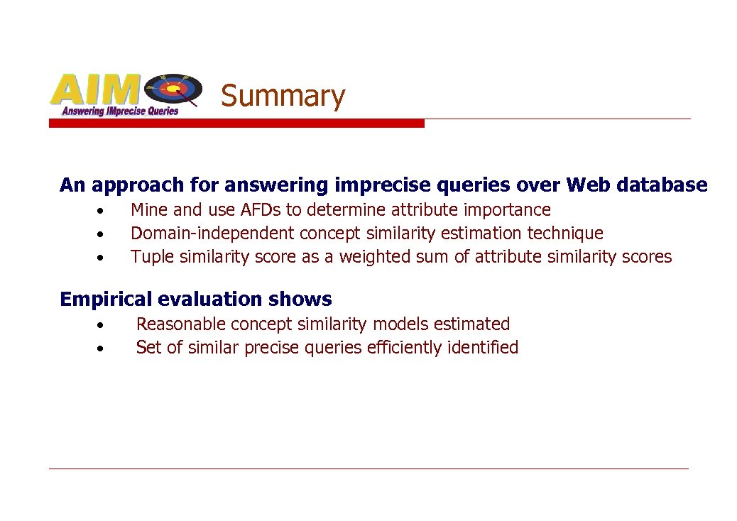 Summary An approach for answering imprecise queries over Web database • • • Mine