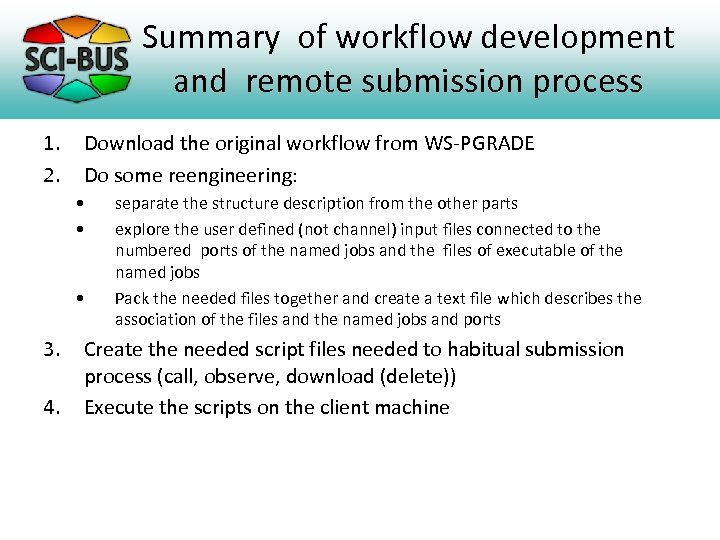 Summary of workflow development and remote submission process 1. 2. Download the original workflow