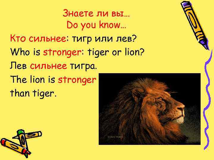 Знаете ли вы… Do you know… Кто сильнее: тигр или лев? Who is stronger: