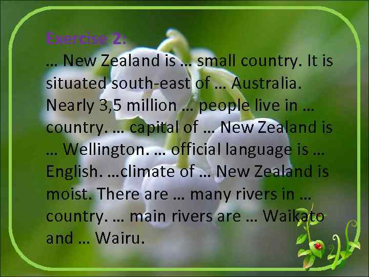 Exercise 2: … New Zealand is … small country. It is situated south-east of