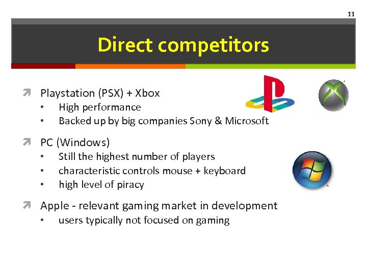 11 Direct competitors Playstation (PSX) + Xbox • High performance • Backed up by