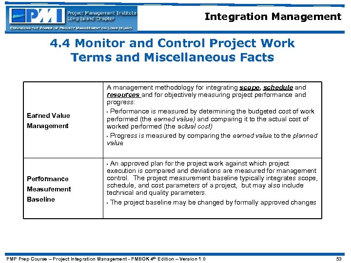 Integration Management 4. 4 Monitor and Control Project Work Terms and Miscellaneous Facts Earned