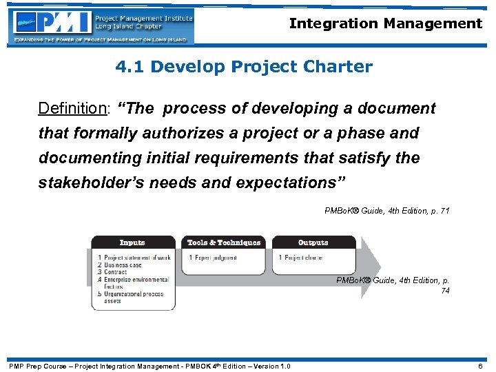 Integration Management 4. 1 Develop Project Charter Definition: “The process of developing a document