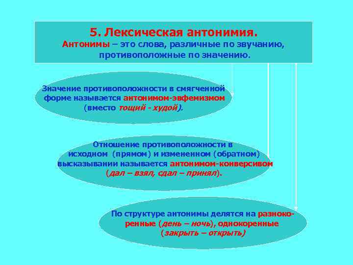 5. Лексическая антонимия. Антонимы – это слова, различные по звучанию, противоположные по значению. Значение