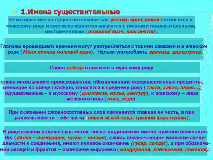  • 1. Имена существительные Некоторые имена существительные как ректор, врач, доцент относятся к