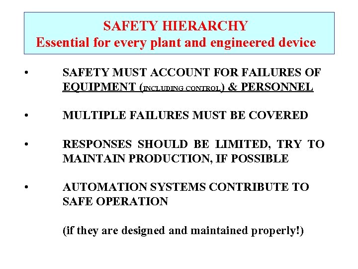 SAFETY HIERARCHY Essential for every plant and engineered device • SAFETY MUST ACCOUNT FOR