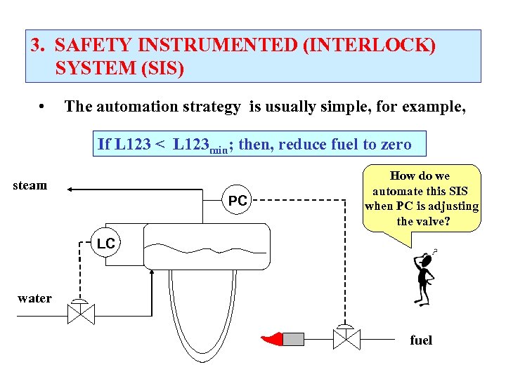 3. SAFETY INSTRUMENTED (INTERLOCK) SYSTEM (SIS) • The automation strategy is usually simple, for