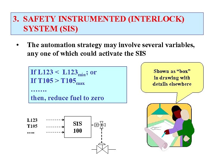 3. SAFETY INSTRUMENTED (INTERLOCK) SYSTEM (SIS) • The automation strategy may involve several variables,